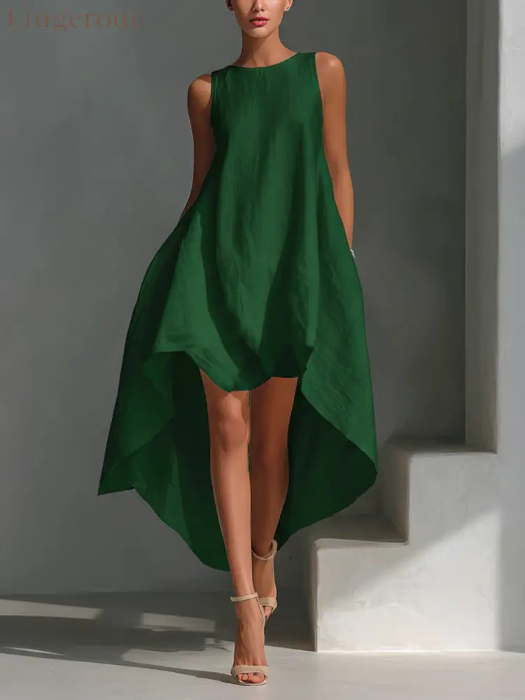 Women’s White Linen Fabric Sleeveless Midi Dress With Round Neck - Green / XS