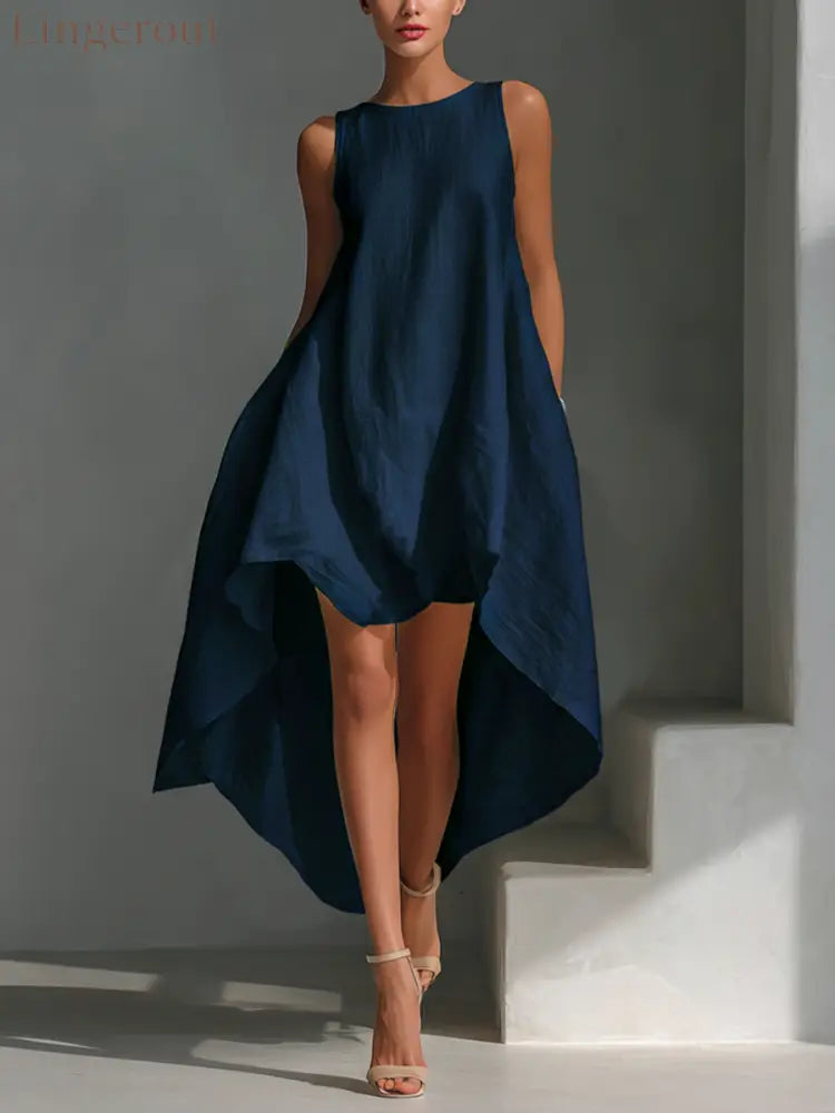 Women’s White Linen Fabric Sleeveless Midi Dress With Round Neck - Navy blue / XS