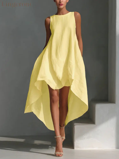 Women’s White Linen Fabric Sleeveless Midi Dress With Round Neck - Warm yellow / XS