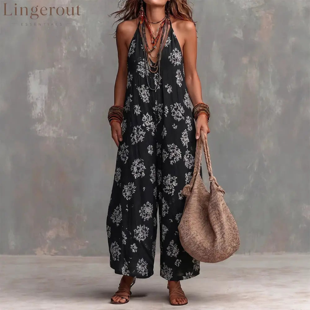 Women’s Yellow Boho Floral Halter Wide-Leg Jumpsuit