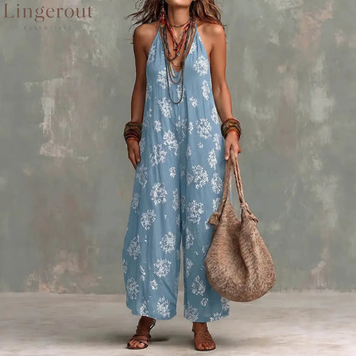 Women’s Yellow Boho Floral Halter Wide-Leg Jumpsuit