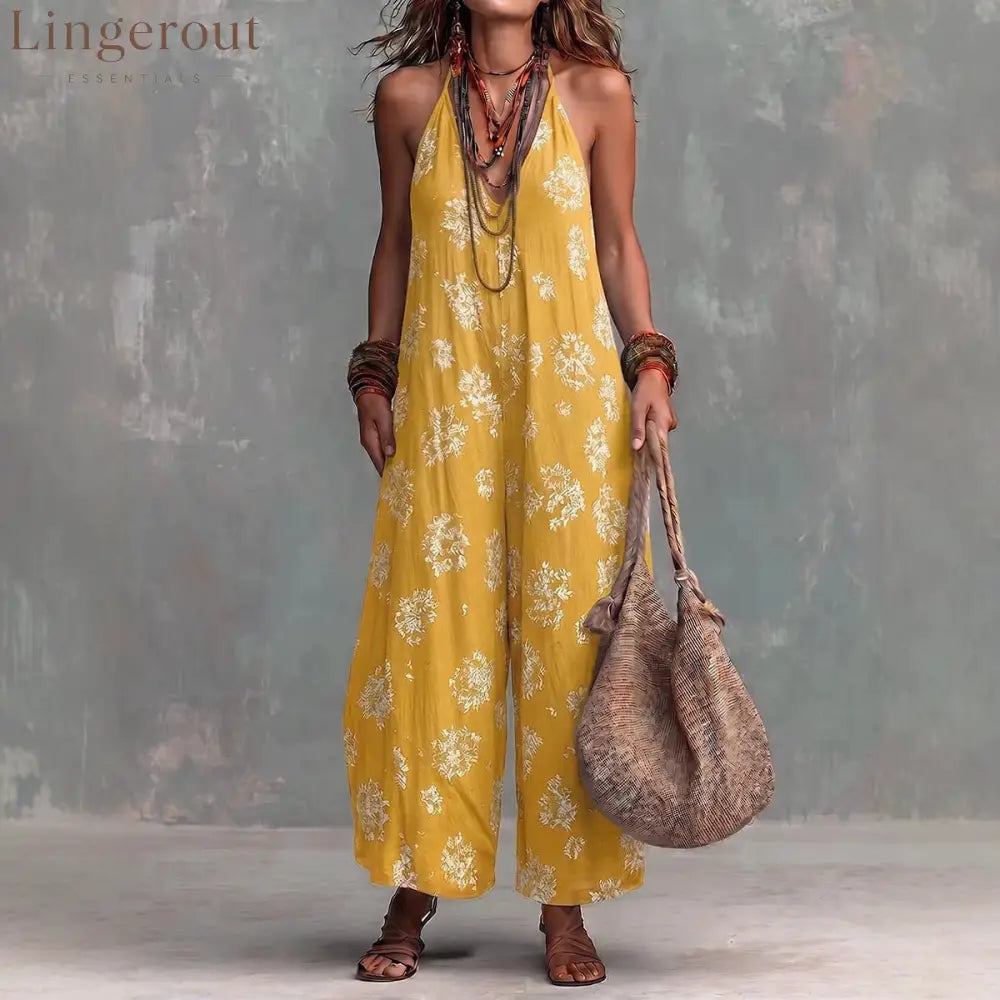 Women’s Yellow Boho Floral Halter Wide-Leg Jumpsuit