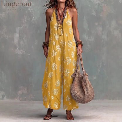 Women’s Yellow Boho Floral Halter Wide-Leg Jumpsuit