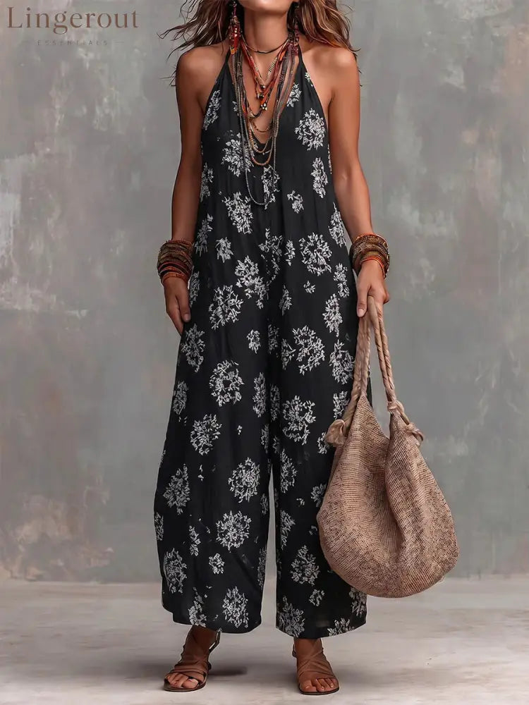 Women’s Yellow Boho Floral Halter Wide-Leg Jumpsuit - Black / S