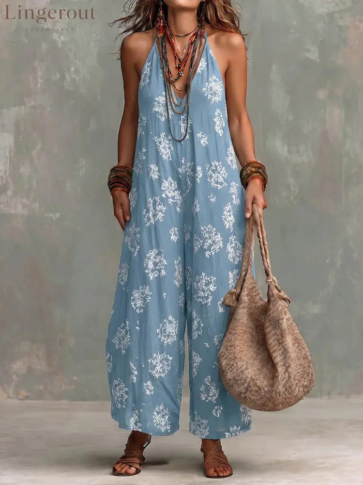 Women’s Yellow Boho Floral Halter Wide-Leg Jumpsuit - Blue / S