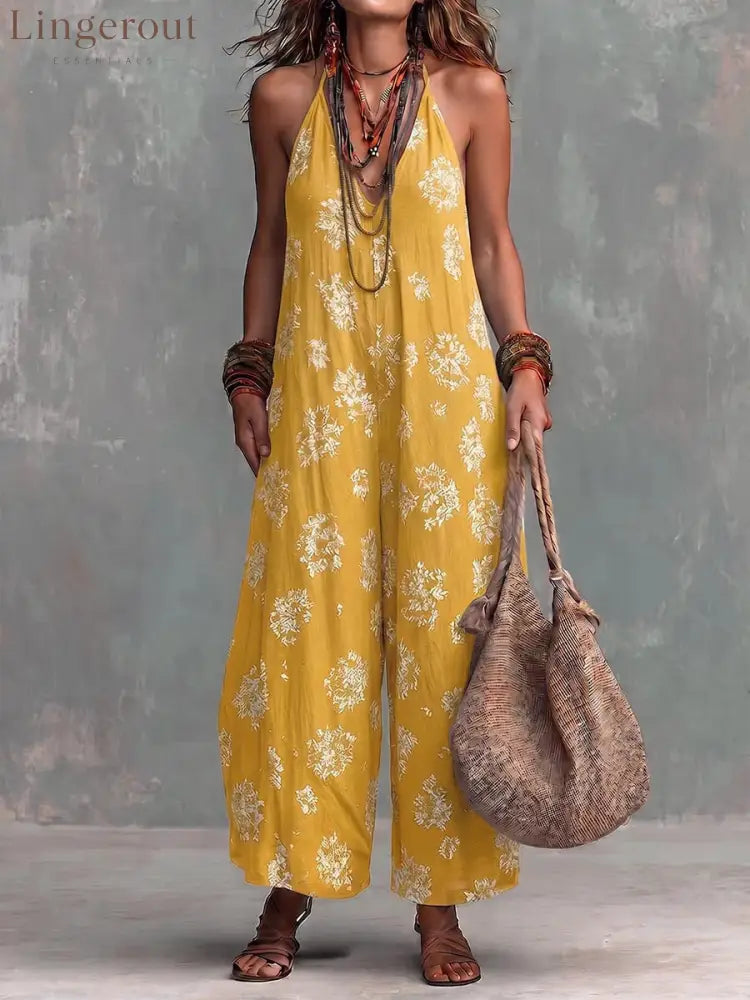Women’s Yellow Boho Floral Halter Wide-Leg Jumpsuit - Yellow / S