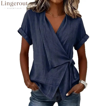 Wrap Tie Waist Linen Blend Short Sleeve V-Neck Blouse
