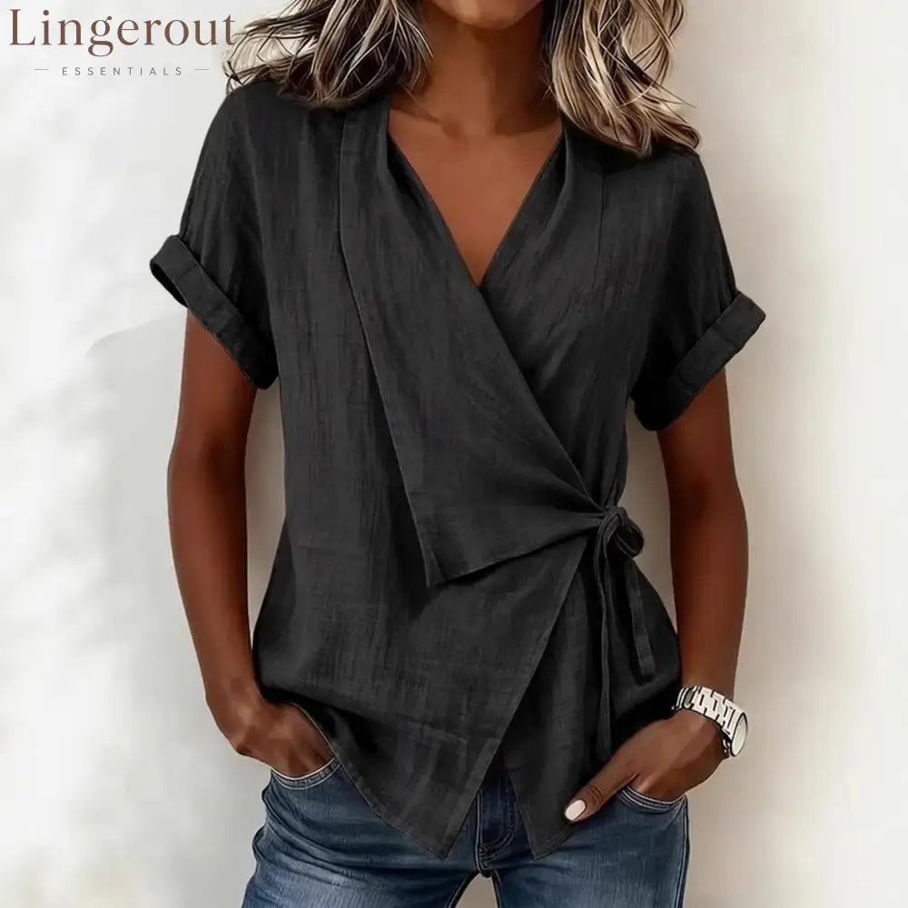 Wrap Tie Waist Linen Blend Short Sleeve V-Neck Blouse