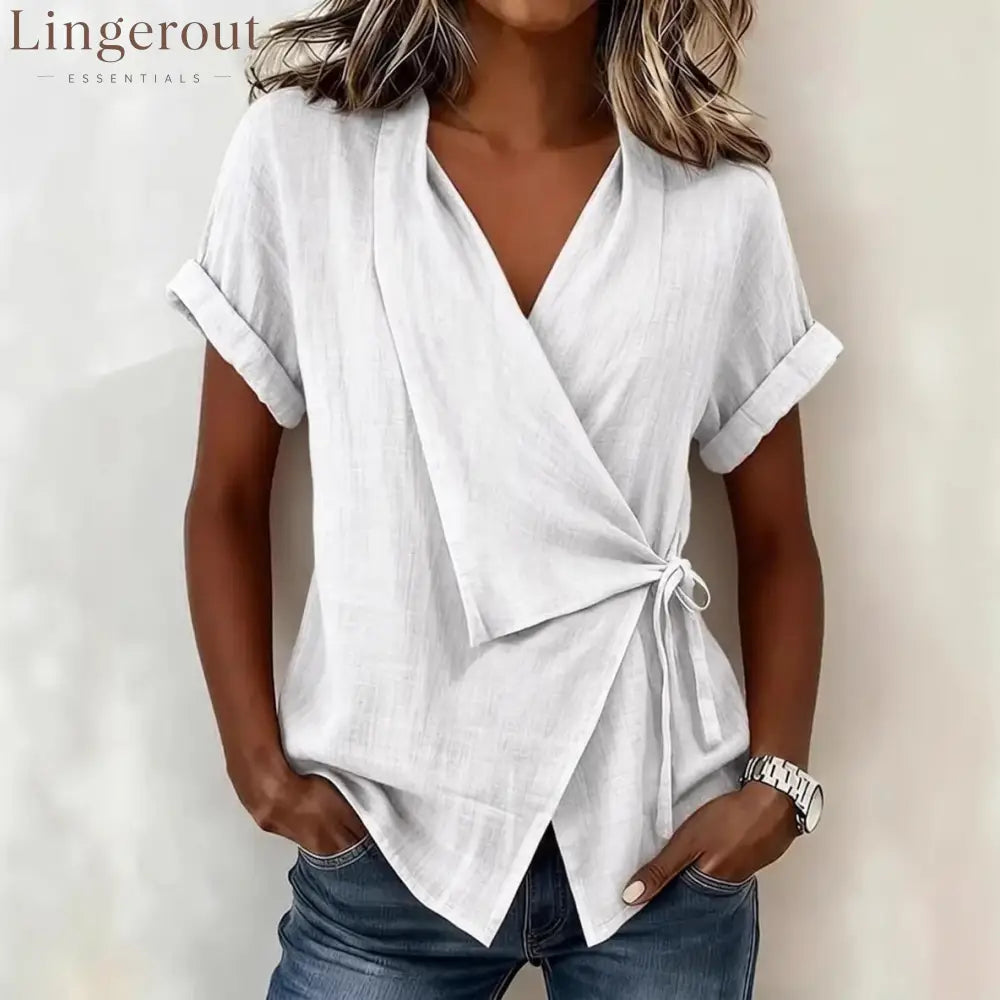 Wrap Tie Waist Linen Blend Short Sleeve V-Neck Blouse