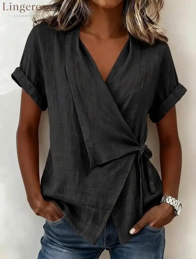 Wrap Tie Waist Linen Blend Short Sleeve V-Neck Blouse - Black / S