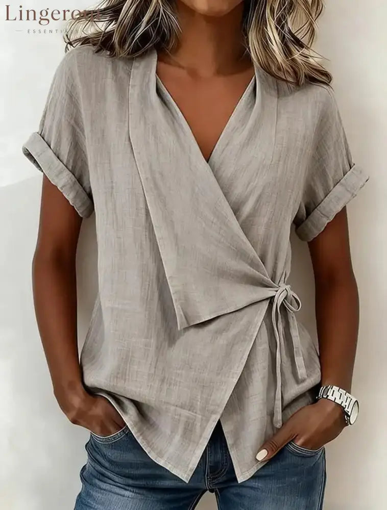 Wrap Tie Waist Linen Blend Short Sleeve V-Neck Blouse - Grey / S