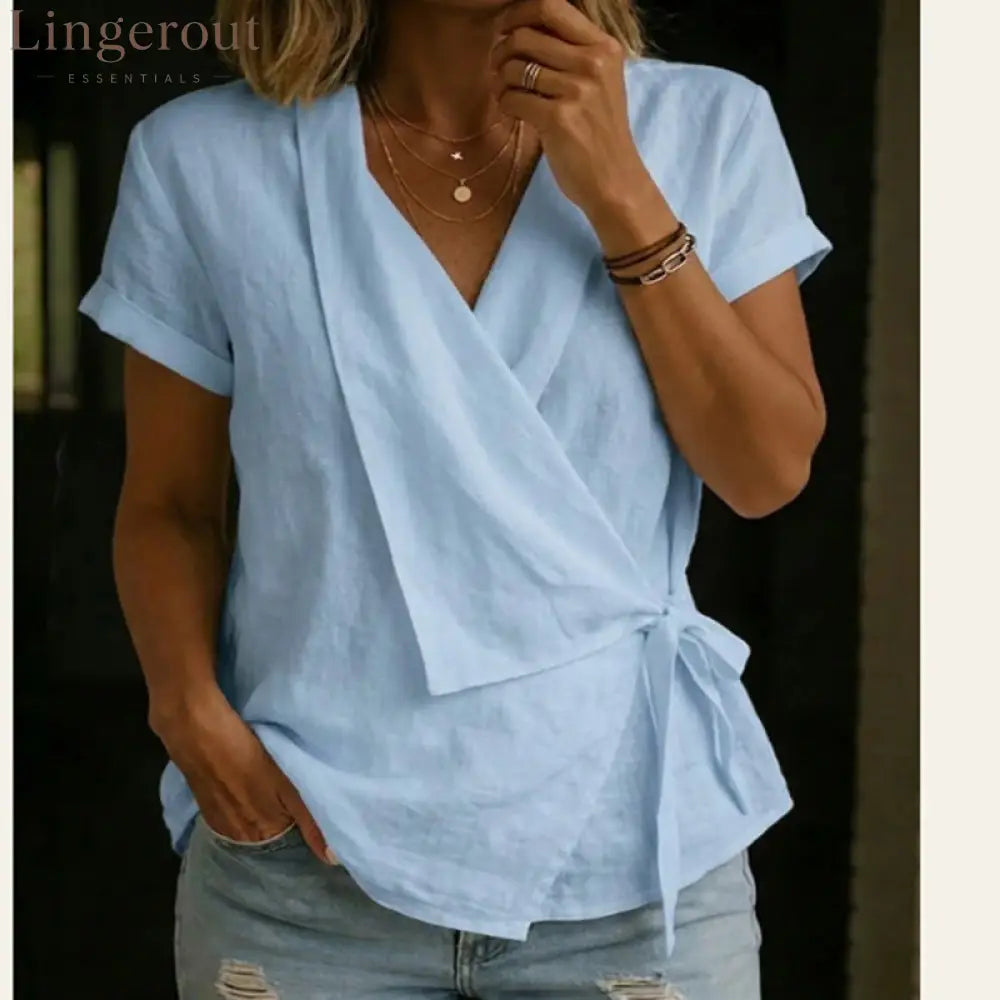 Wrap Tie Waist Linen Blend Short Sleeve V-Neck Blouse - Light blue / S