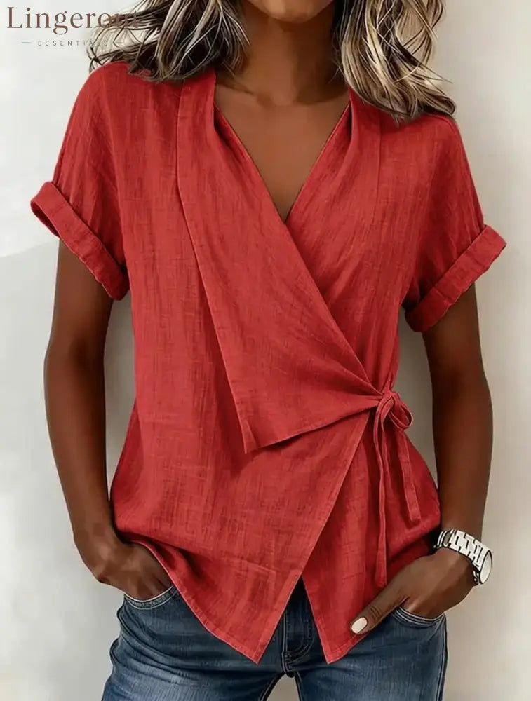 Wrap Tie Waist Linen Blend Short Sleeve V-Neck Blouse - Red / S