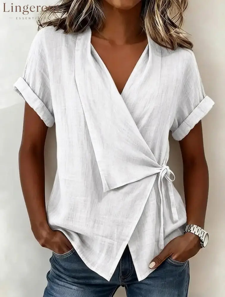 Wrap Tie Waist Linen Blend Short Sleeve V-Neck Blouse - White / S