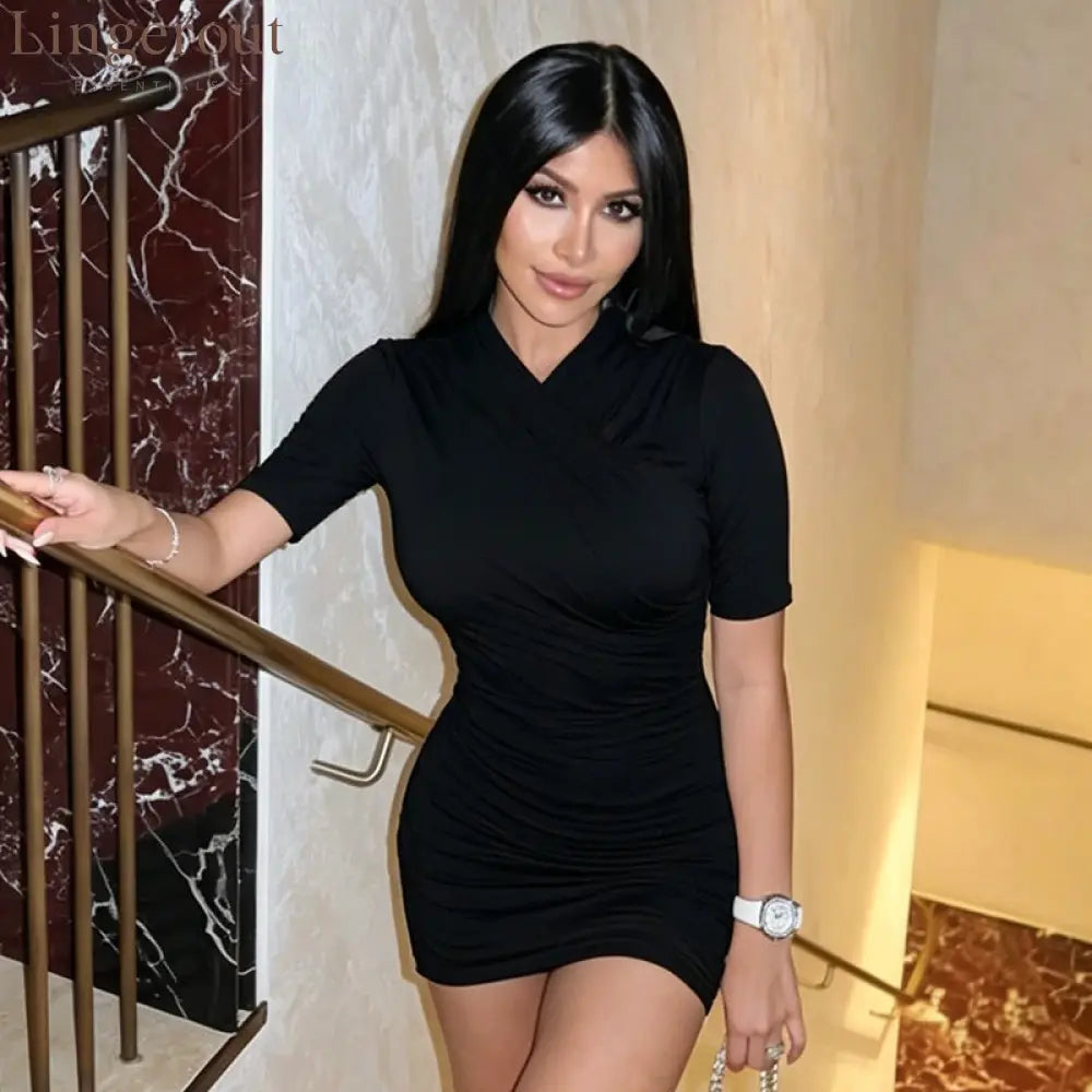 Wrap V Neck Short Sleeve Side Ruched Bodycon Mini Dress