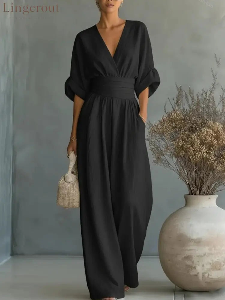 Wrap V-Neck Wide-Leg Jumpsuit - Black / S