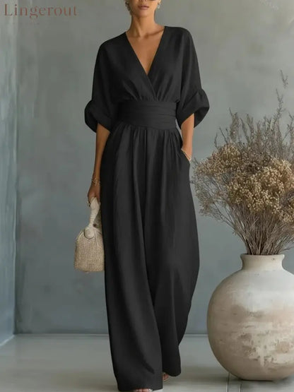 Wrap V-Neck Wide-Leg Jumpsuit - Black / S