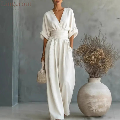 Wrap V-Neck Wide-Leg Jumpsuit - White / S