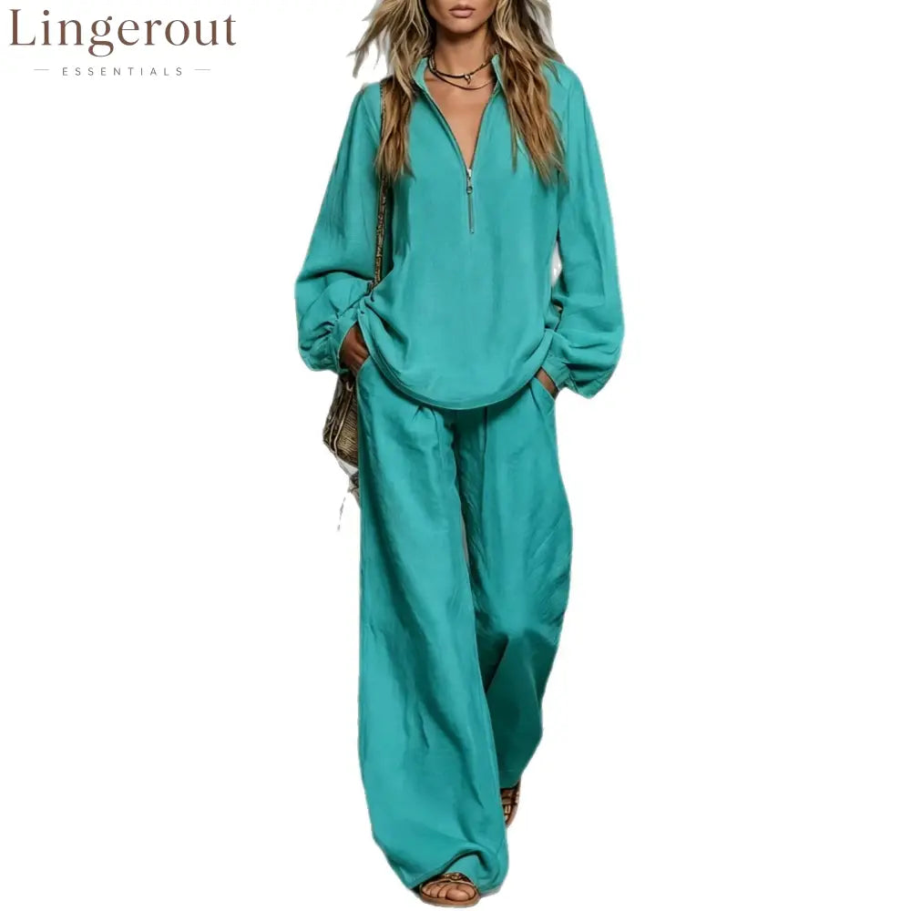 Zip Collar Linen Blend Matching Two Piece Set