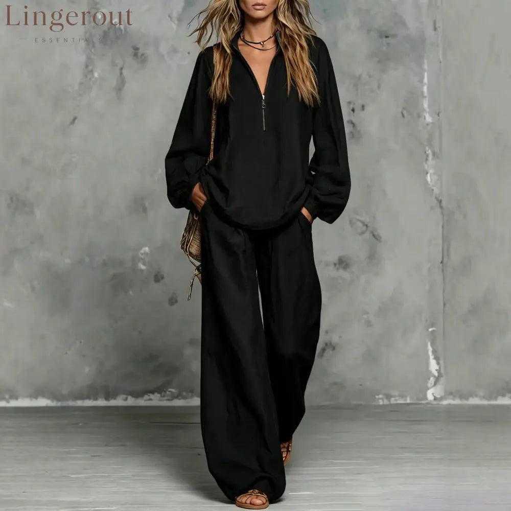 Zip Collar Linen Blend Matching Two Piece Set - Black / S