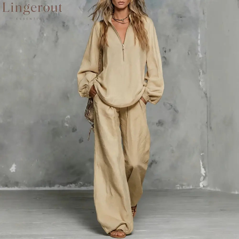 Zip Collar Linen Blend Matching Two Piece Set - Champagne / S