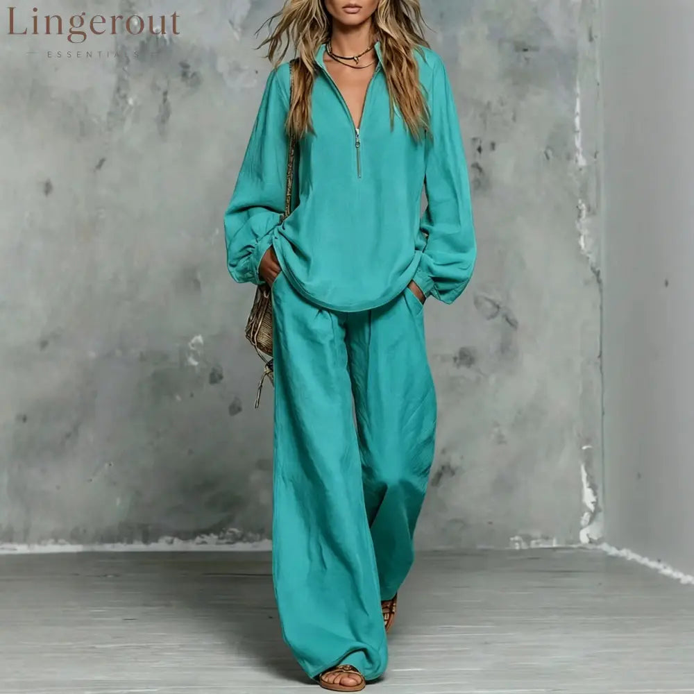 Zip Collar Linen Blend Matching Two Piece Set - Emerald / S