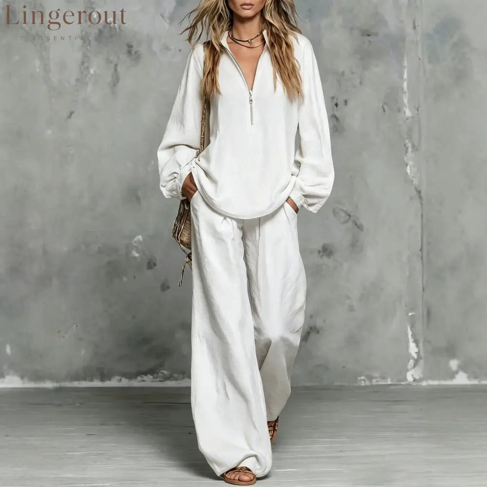 Zip Collar Linen Blend Matching Two Piece Set - White / S