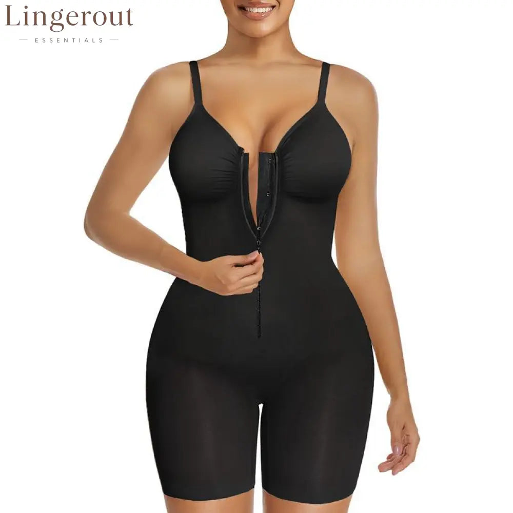 Zip Front Mid-Thigh Sculpting Bodysuit Shapewear - Black / S