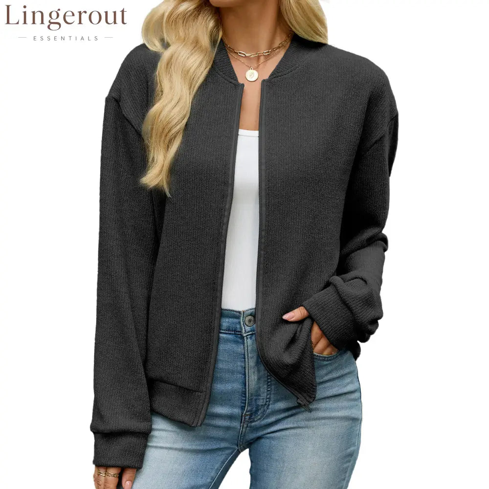 Zip Knit Casual Sweatshirt Outerwear - Black / S