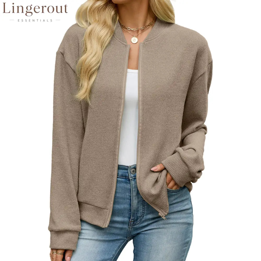 Zip Knit Casual Sweatshirt Outerwear - Brown / S