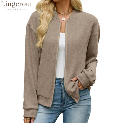 Zip Knit Casual Sweatshirt Outerwear - Brown / S
