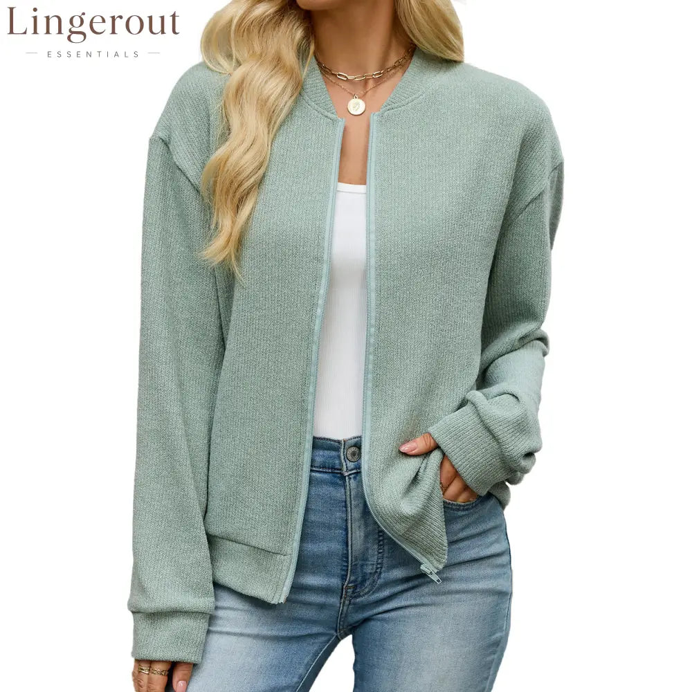 Zip Knit Casual Sweatshirt Outerwear - Green / S