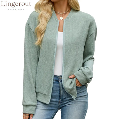 Zip Knit Casual Sweatshirt Outerwear - Green / S