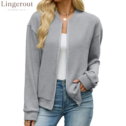 Zip Knit Casual Sweatshirt Outerwear - Grey / S