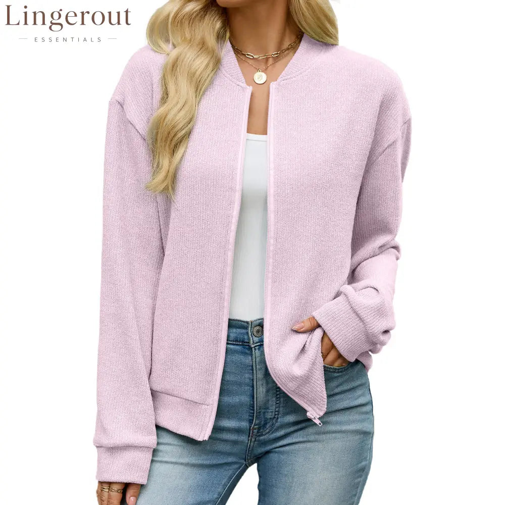Zip Knit Casual Sweatshirt Outerwear - Pink / S