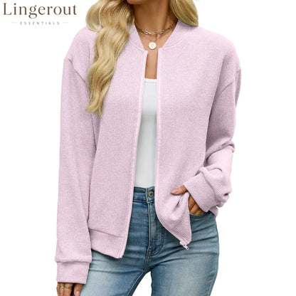 Zip Knit Casual Sweatshirt Outerwear - Pink / S