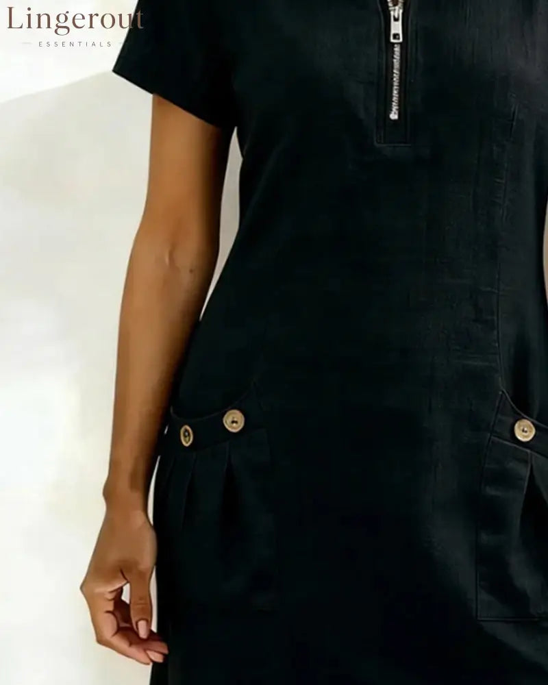 Zipper Pocket Cotton Linen Dress
