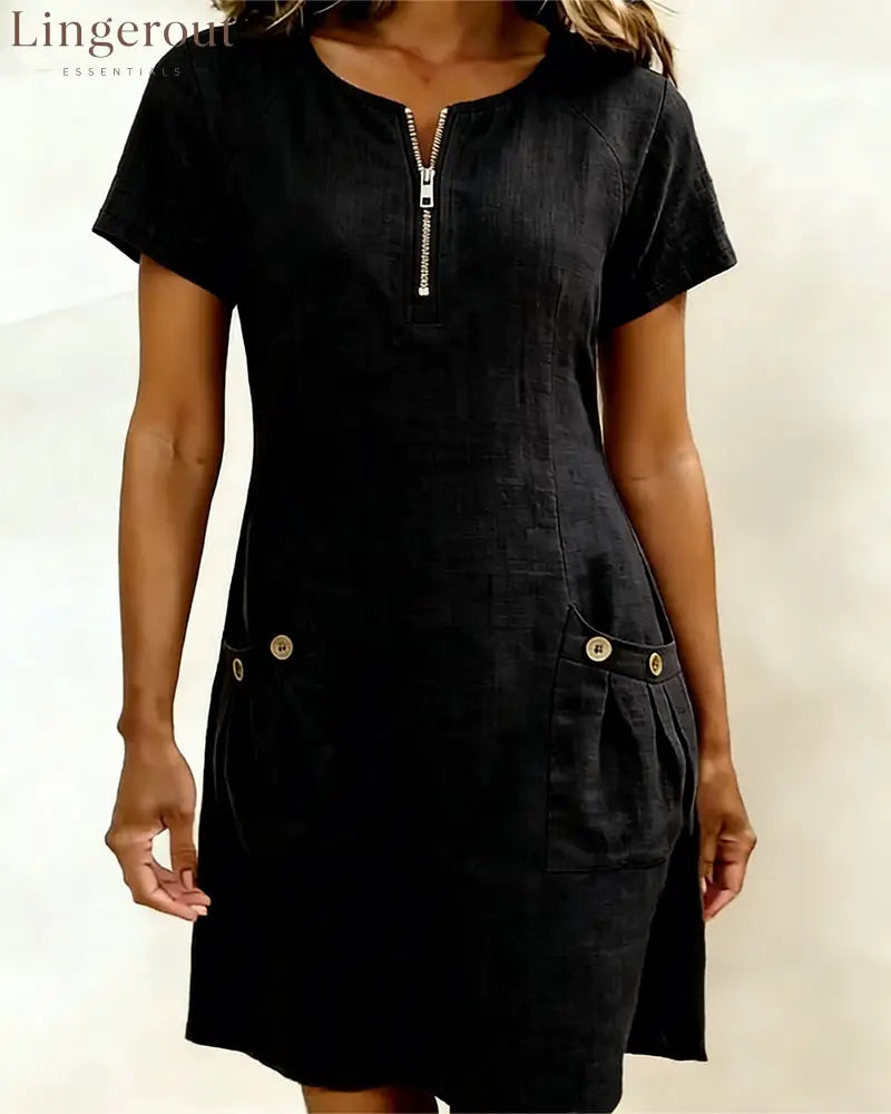 Zipper Pocket Cotton Linen Dress
