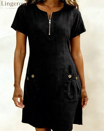 Zipper Pocket Cotton Linen Dress
