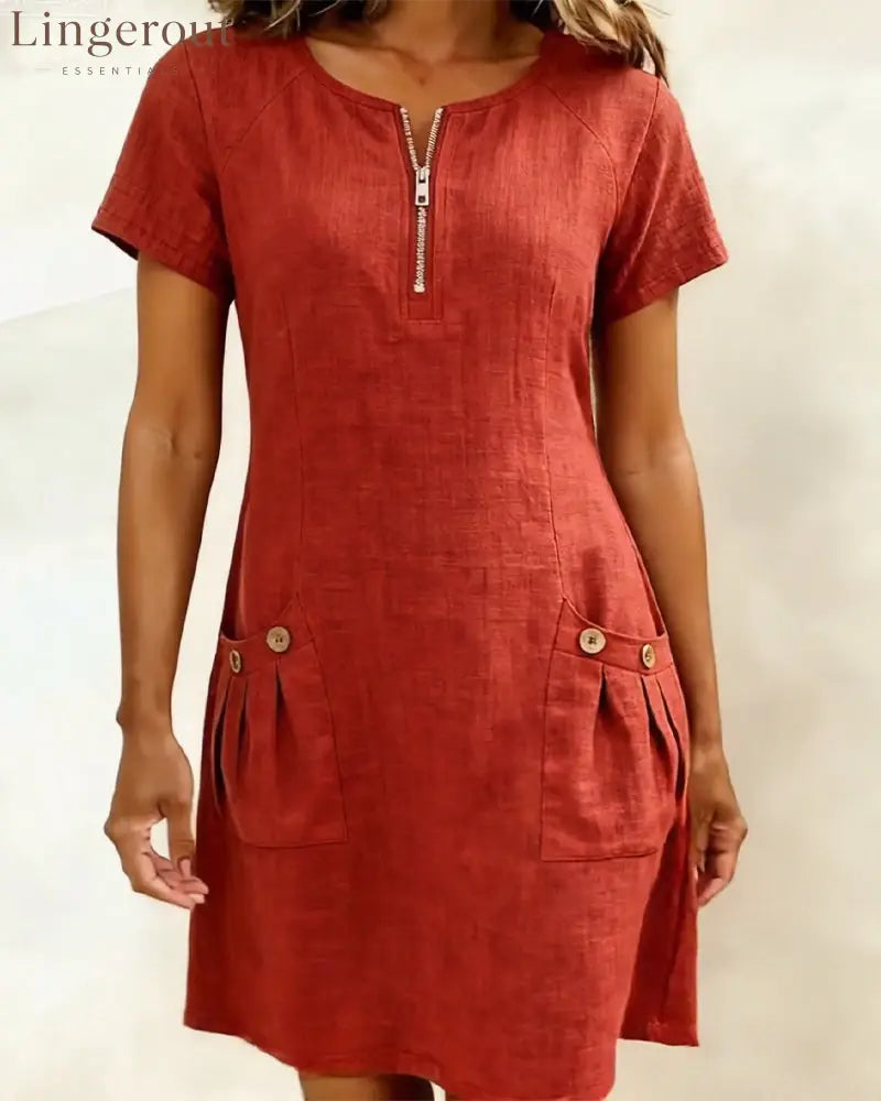 Zipper Pocket Cotton Linen Dress