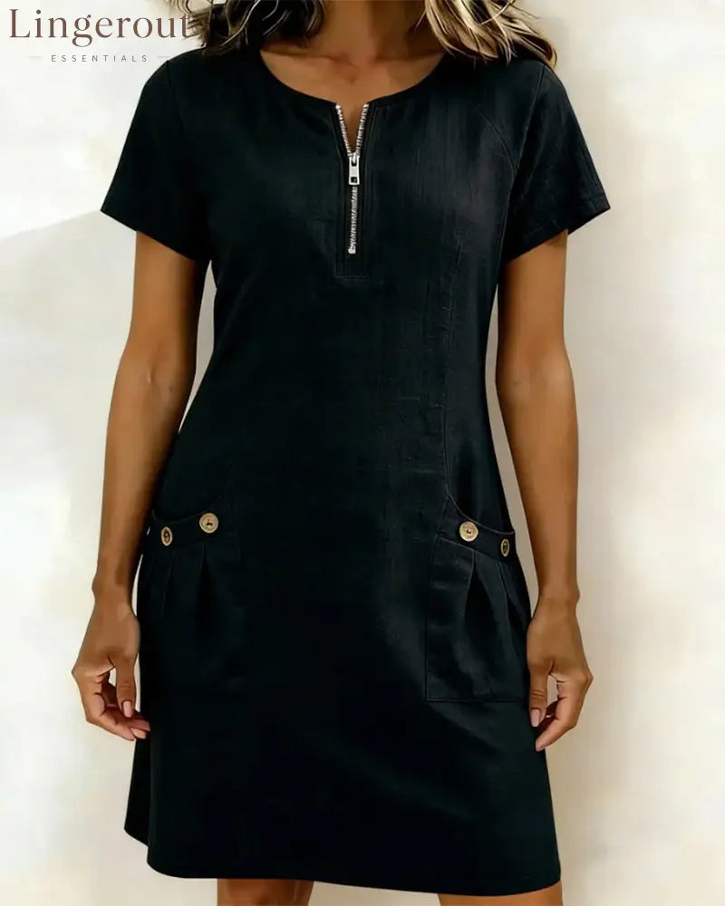 Zipper Pocket Cotton Linen Dress - Black / S