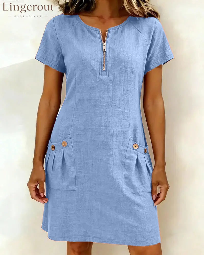 Zipper Pocket Cotton Linen Dress - Blue / S