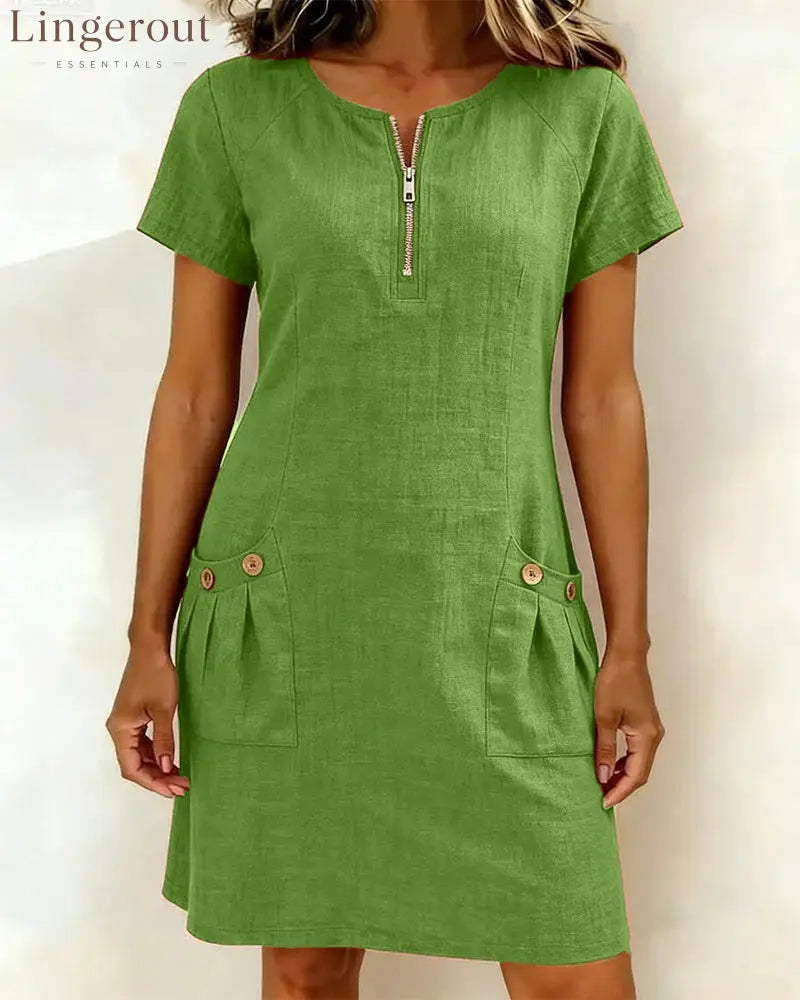 Zipper Pocket Cotton Linen Dress - Green / S