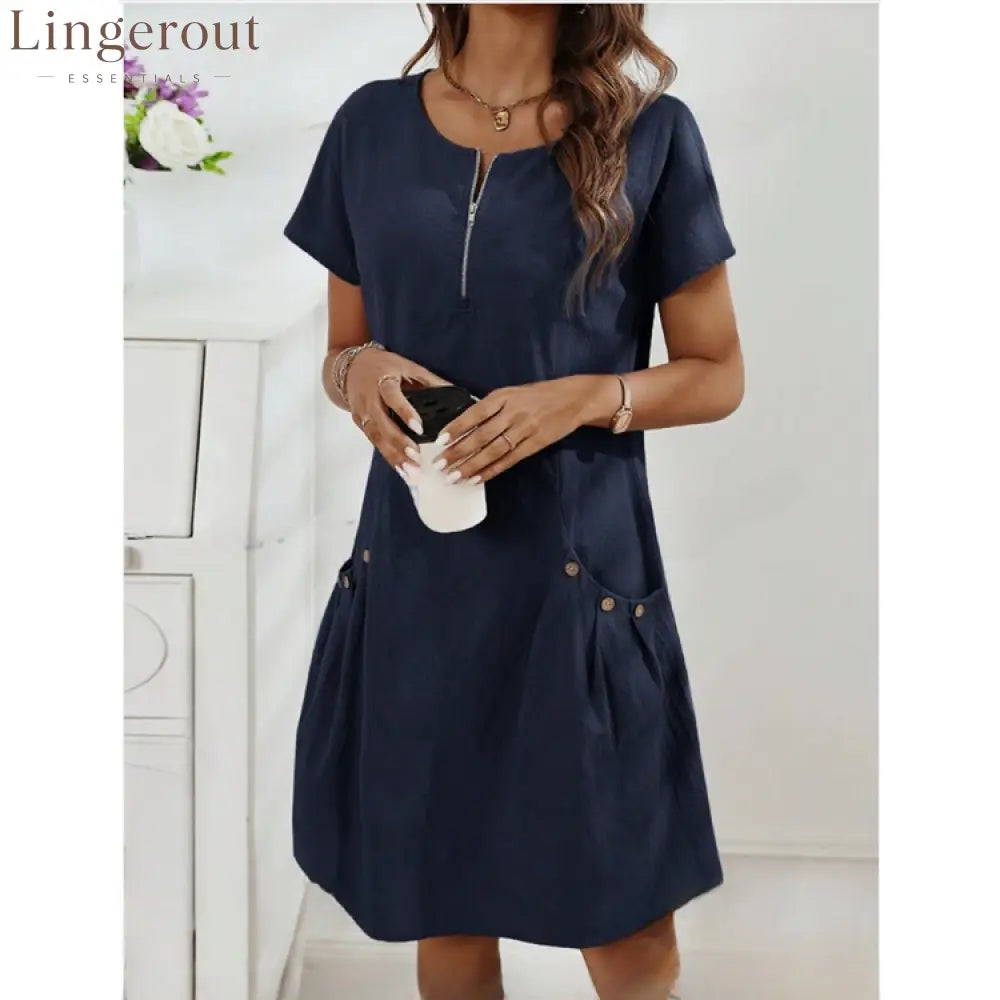 Zipper Pocket Cotton Linen Dress - Navy / S