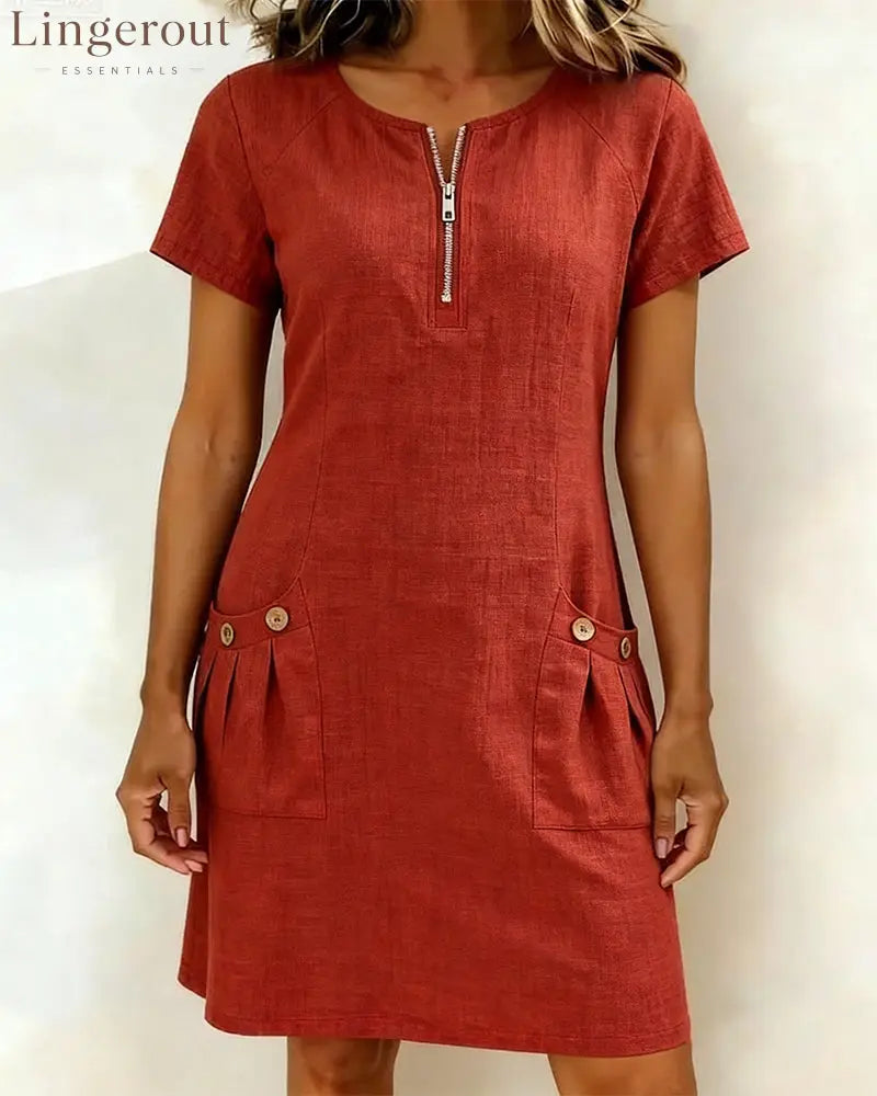 Zipper Pocket Cotton Linen Dress - Red / S